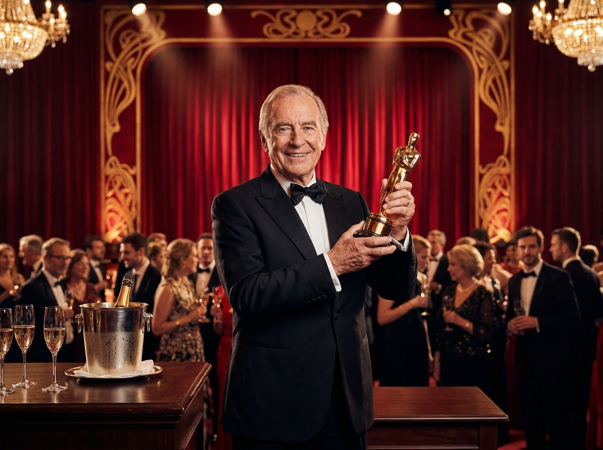 An elderly person at an Oscars-themed party accepting a statuette award