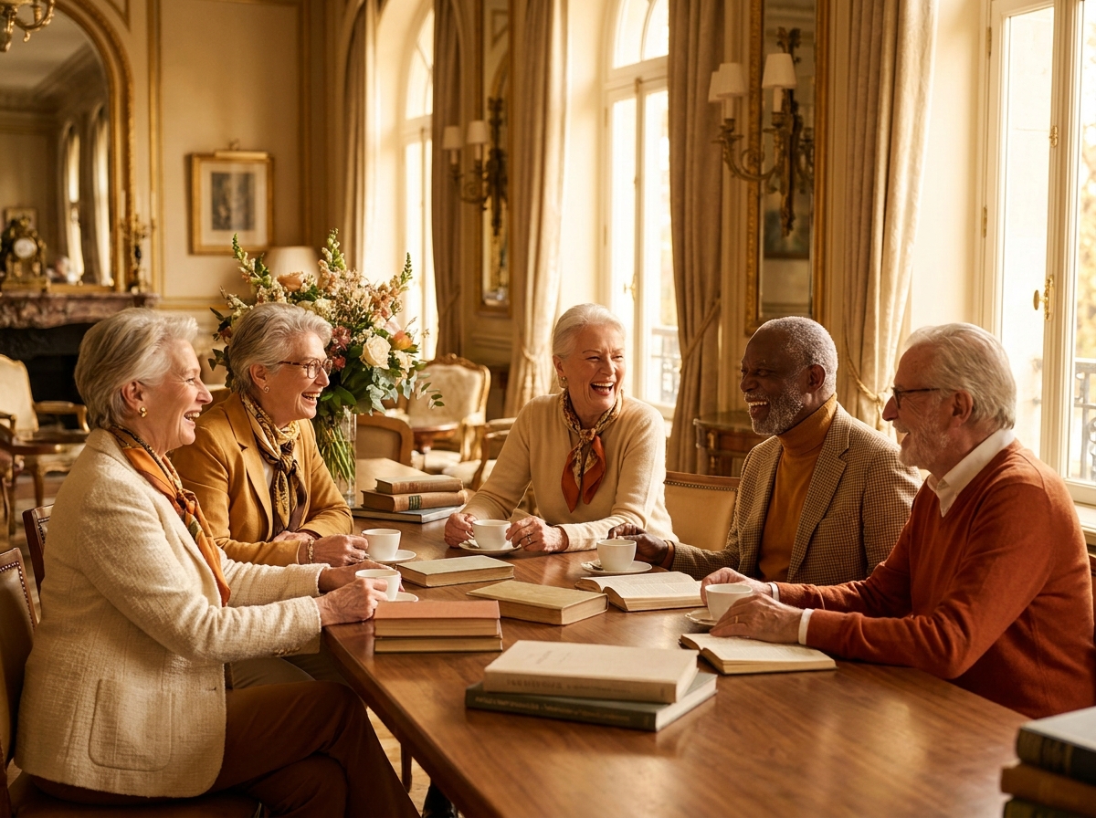 Seniors around a wooden table discussing and laughing together