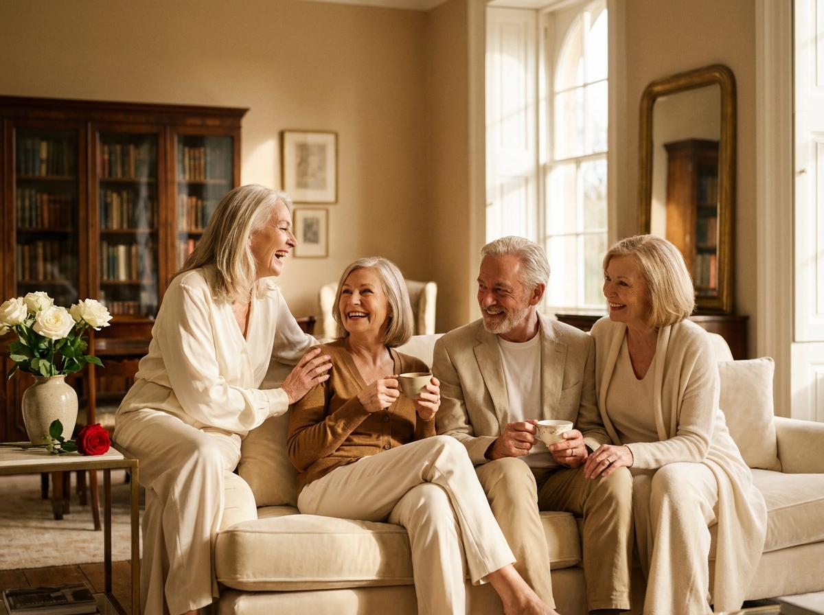 A close-knit group of senior friends laughing together