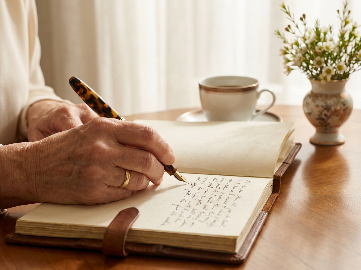 A senior writing in a journal with handwriting close-up