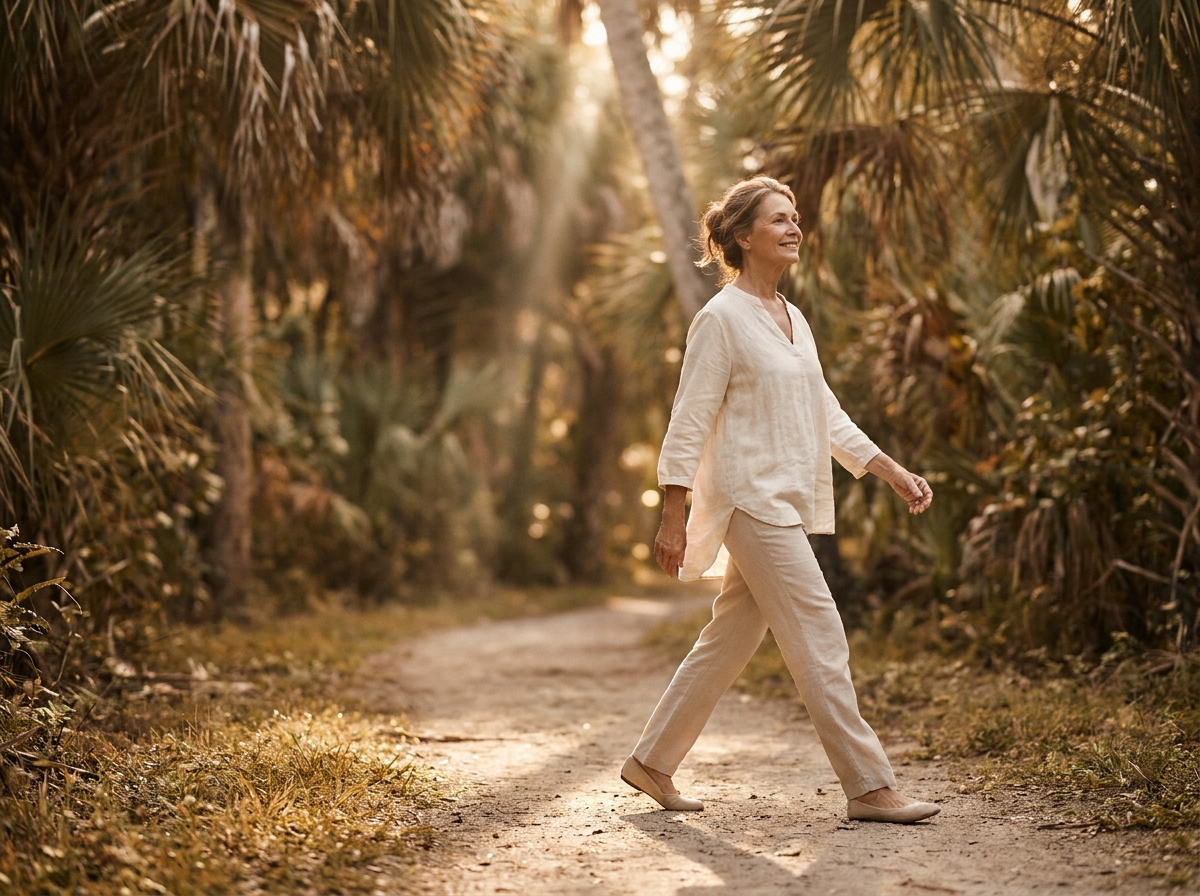 A senior walking briskly outdoors in nature